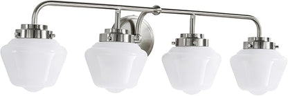 Bathroom Vanity Light Fixtures: 4-Lights Brushed Nickel Vintage Light Fixtures for Bathroom Above Mirror, Wall Lights Indoor with Frosted Milky Glass for Bath Bedroom