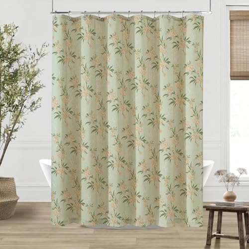 ORTIGIA Linen Shower Curtain Sage Green Floral Farmhouse Vintage Shower Curtains Boho Rustic Block Print Cottagecore Decor for Bathroom 72 W x 72 L