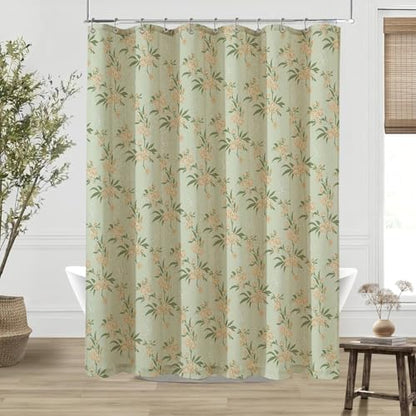 ORTIGIA Linen Shower Curtain Sage Green Floral Farmhouse Vintage Shower Curtains Boho Rustic Block Print Cottagecore Decor for Bathroom 72 W x 72 L