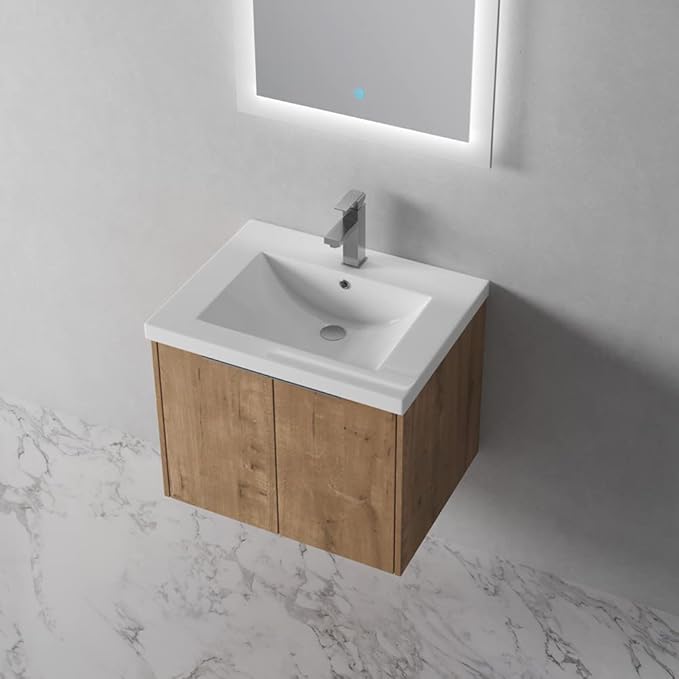 SSLine Wall Mounted Bathroom Vanity with Sink Combo Modern 24-Inch Single Bathroom Vanity Set with Top Basin &Storage Cabinet Wood Hanging Bath Cabinet w/Resin Sink for Small Space(Brown)