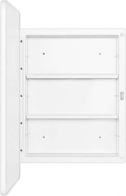 Fundin White Plastic Medicine Cabinet, Mirror Door with Round Corner Metal Frame, Recessed and Surface Mount Bathroom Wall Medicine Cabinet, 16 x 24 inch Mirror Size