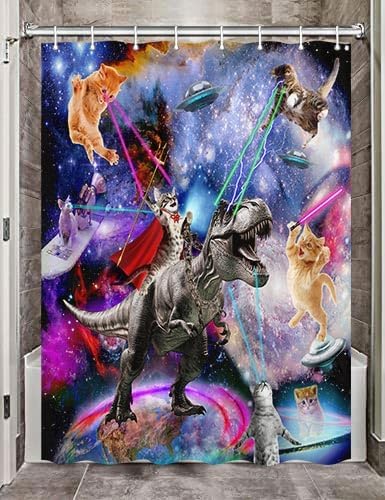 Funny Cat Riding Dinosaur Shower Curtain - Japanese Ocean Wave Design, Nautical Kids Children Rustic Wooden Farmhouse Style, 54X72 Inch, Purple