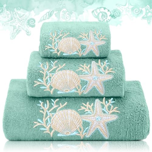 Gilprop 3 Pcs Coastal Ocean Bath Cotton Towels Set Teal Embroidered Towels