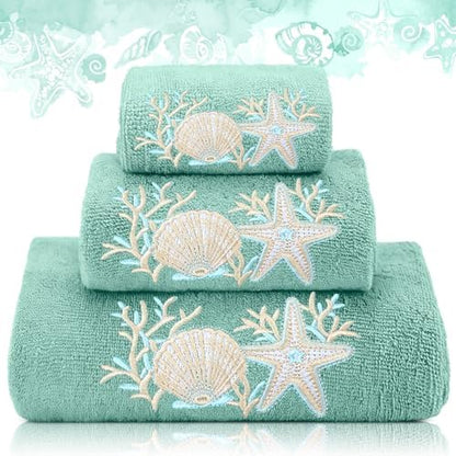 Gilprop 3 Pcs Coastal Ocean Bath Cotton Towels Set Teal Embroidered Towels