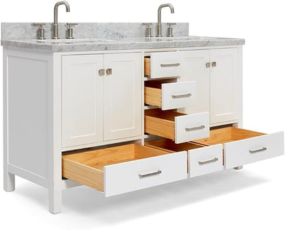 ARIEL Cambridge 60-inch Bathroom Vanity with Sink,Solid Wood, 1.5-inch Italian Carrara Marble Countertop, Double Rectangular Porcelain Sink, 4 Soft Closing Doors, 6 Dovetail Drawers, White