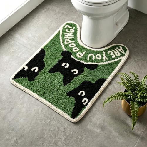 Funny Black Cat Toilet Rug - U-Shaped Toilet Contour Mat with are You Pooping? Design, Absorbent Non Slip Bathroom Mat, Machine Washable Quirky Bathroom Decor for Cat Lovers