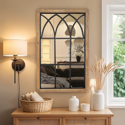 Rustic Window Mirror for Wall Decor, Wooden Frame Decorative Wall Mirror