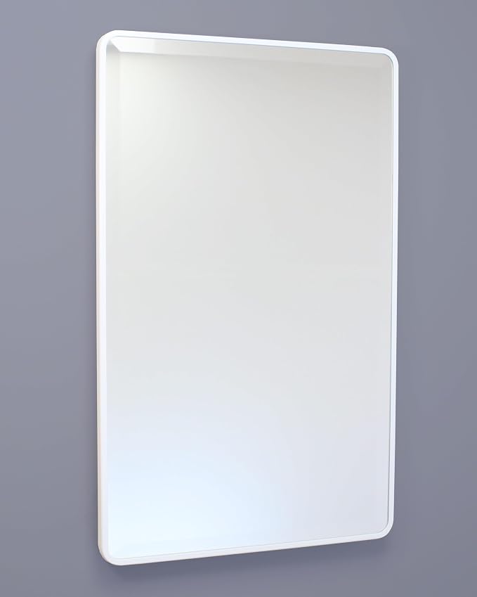 16x26 Austin Farmhouse Metal Framed Rounded Rectangle Recessed Bathroom Medicine Cabinet, Beveled Mirror, 14x24 in-Wall Opening, powder-coated Steel, Adjustable Glass Shelves, Magnet Close, White