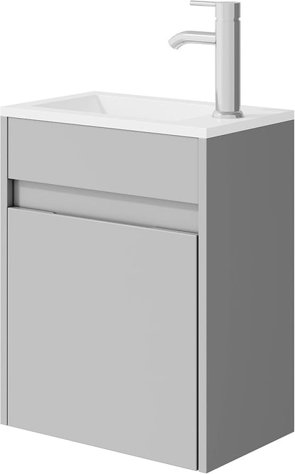 eclife 16" Small Bathroom Vanity Sink Combo, Modern Painted Wall Mounted Floating Cabinet W/Resin Basin Sink Top, Chrome Water Save Faucet & Pop Up Drain (B10G)