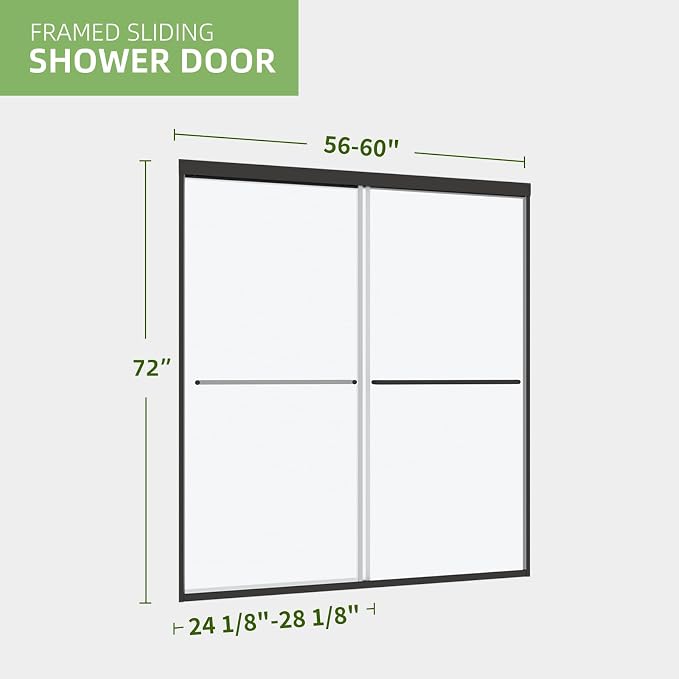 Semi-Frameless Double Sliding Shower Door, Grid Pattern Matte Black Finish | 56"-60" W x 72" H Shower Doors,6mm Clear SGCC Tempered Glass,Bypass Shower Enclosure Easy-Clean Nano Coating&Adjustable Width