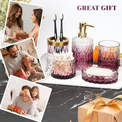 Bathroom Accessories Set, 5Pcs Bathroom Soap Dispenser Set, Glass Bathroom Accessories with Glass Soap Dispenser, Soap Dish, Toothbrush Holder, Tumbler, Cotton Swab Jar (Clear & Red)