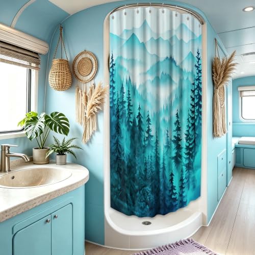 Dark Teal Forest Stall Shower Curtain, 47X64 in Narrow Small, Mountain