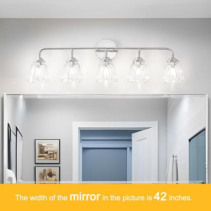 Vintage Vanity Light for Bathroom, Elegant Vanity Light with Flower Glass Shade, Brushed Nickel 5-Light Bathroom Lighting Fixtures Over Mirror, Wall Sconce Lighting for Bedroom, Living Room