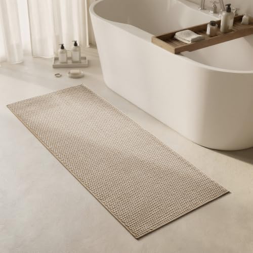 Triohero Bathroom Runner Rug, Long Bath Mat Washable Thin Quick Dry Low Pile Bathroom Runner Rugs 24 x 60 Non Slip, Beige 24x60