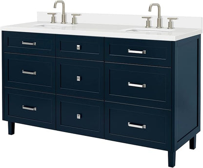 ARIEL Monroe 66-inch Bathroom Vanity with Sink,Solid Wood, 1.5-inch Pure White Quartz Countertop & Backsplash, Double Oval Porcelain Sink, 9 Dovetail Drawers, Brushed Nickel, Midnight Blue