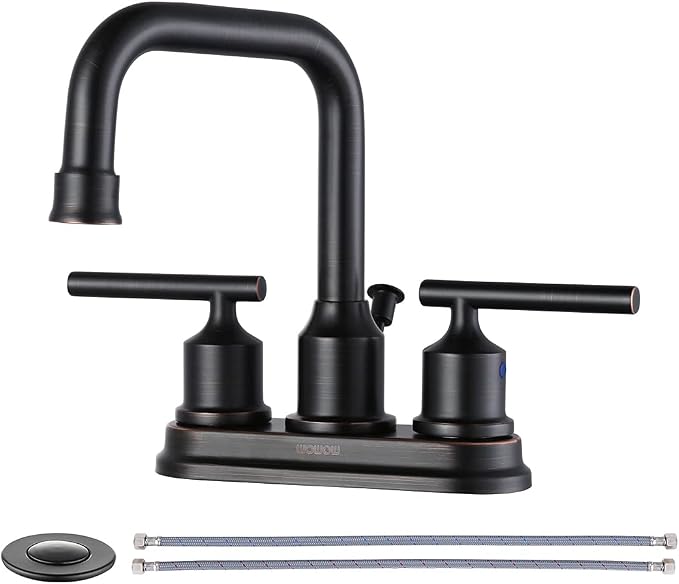 WOWOW Oil Rubbed Bronze Bathroom Faucet for Bathroom Sink Faucet 3 Hole Lavatory Faucet 2 Handle Vanity Faucet with Drain and Supply Hose Mixer Tap High Arc Swivel Spout