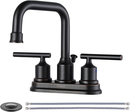 WOWOW Oil Rubbed Bronze Bathroom Faucet for Bathroom Sink Faucet 3 Hole Lavatory Faucet 2 Handle Vanity Faucet with Drain and Supply Hose Mixer Tap High Arc Swivel Spout