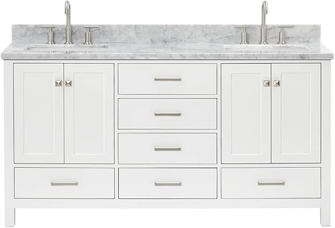 ARIEL Cambridge 66-inch Bathroom Vanity with Sink,Solid Wood, 0.75-inch Italian Carrara Marble Countertop, Double Rectangular Porcelain Sink, 4 Soft Closing Doors, 6 Dovetail Drawers, White