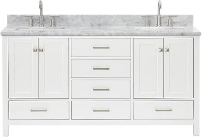ARIEL Cambridge 66-inch Bathroom Vanity with Sink,Solid Wood, 0.75-inch Italian Carrara Marble Countertop, Double Rectangular Porcelain Sink, 4 Soft Closing Doors, 6 Dovetail Drawers, White
