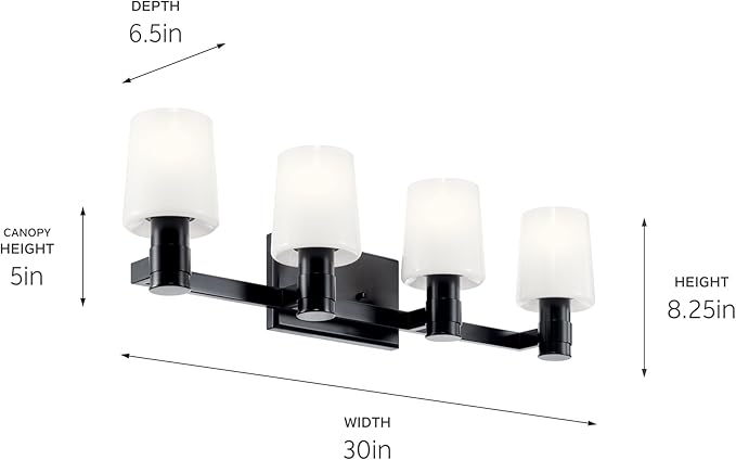 Kichler Adani 4-Light Vanity, Modern Light with Opal Glass in Black, Bathroom (8.25" x 30"), 55177BK