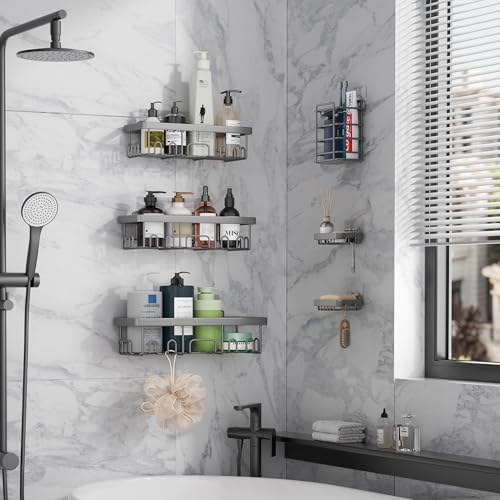 Veken 6-Pack Rustproof & Waterproof Shower Caddy, Adhesive Shelves Rack, Large Capacity Bathroom, College Dorm & Apartment Organizers, No-Drill Wall Mount Living Room & Bedroom Decor, Light Grey