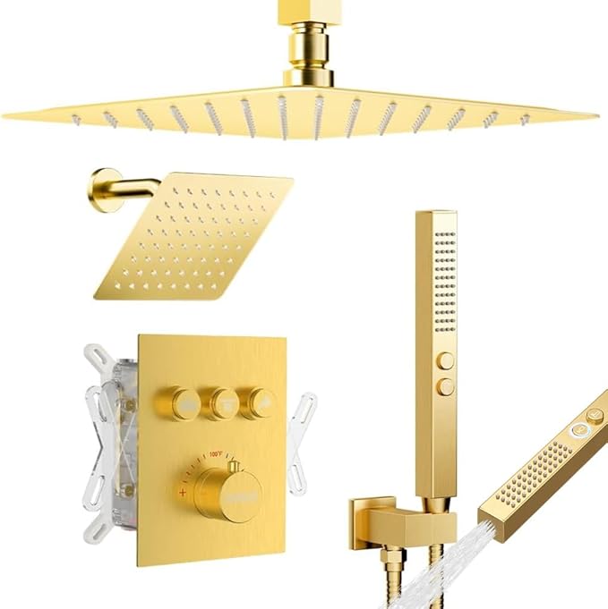 Brushed Gold Shower System, STARBATH Ceiling Mounted 10+6 Inch Rainfall Shower Head with 2 in 1 High Pressure Handhled, Can Use All at Once, Push Button Diverter Thermostatic Valve with Trim Kit