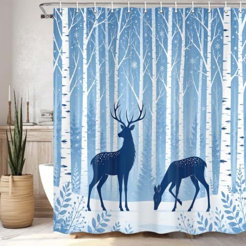Deer Birch Tree Shower Curtain Winter Woodland Forest Bath Curtain 72x84in