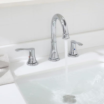 Chrome Widespread Bathroom Sink Faucet 8 Inch for Vanity | with All Metal Pop Up Drain, High Arc 2 Handle Lead-Free Deck Mount Bathroom Faucet for 3 Hole Lavatory Utility Sink