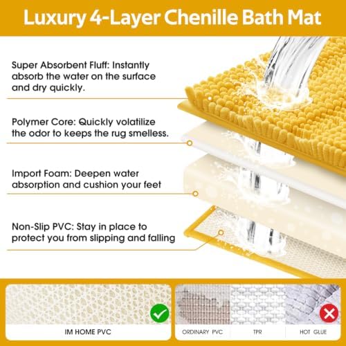 ACCUMTEK Striped Yellow Bathroom Rug Set 3 Pieces Ultra Soft, Non Slip Chenille Toilet Mat, Absorbent Plush Shaggy Bath Mats for Bathroom, Bedroom, Kitchen