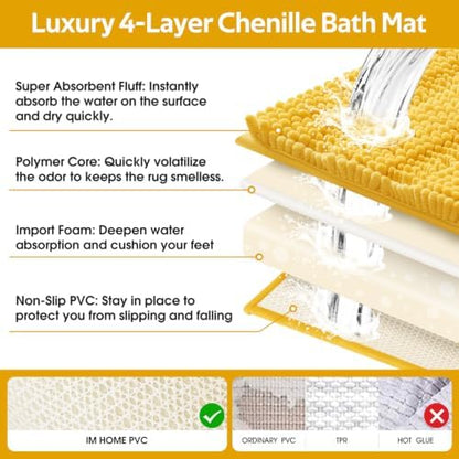 ACCUMTEK Striped Yellow Bathroom Rug Set 3 Pieces Ultra Soft, Non Slip Chenille Toilet Mat, Absorbent Plush Shaggy Bath Mats for Bathroom, Bedroom, Kitchen