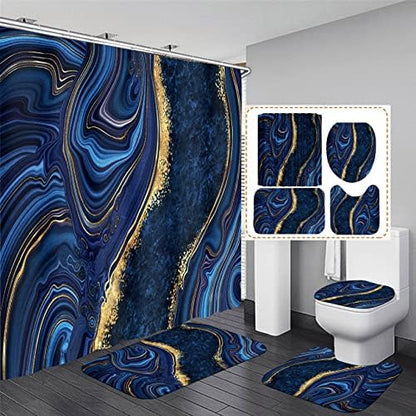 Nkzply 4Pcs Navy Blue Marble Shower Curtain Sets with Rugs Bathroom Set