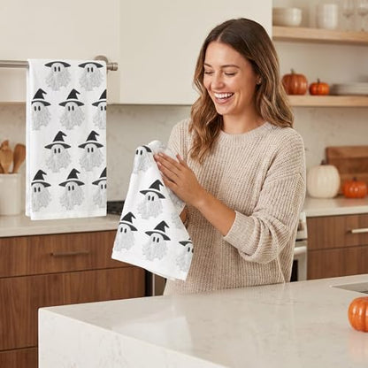 2 Pack Halloween Hand Towels 100% Cotton Jacquard Ghost Halloween Kitchen Towels White Bathroom Towels Set Seasonal Bathroom Decor (Cute Ghost, Halloween)