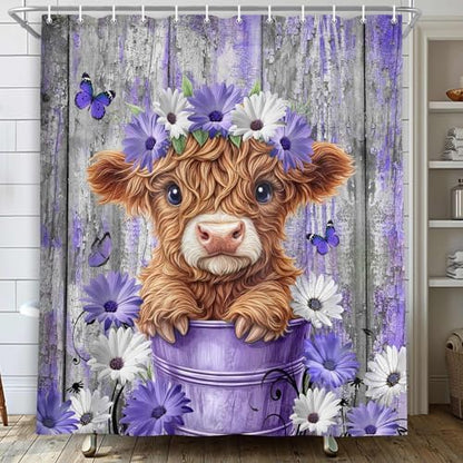 Cute Highland Cow Shower Curtain for Bathroom, Farmhouse Rustic Wooden Cattle Bathroom Decor Set, Funny Daisy Floral Flowers and Butterfly Waterproof Fabric Bath Curtains with 12 Hooks 60x72in