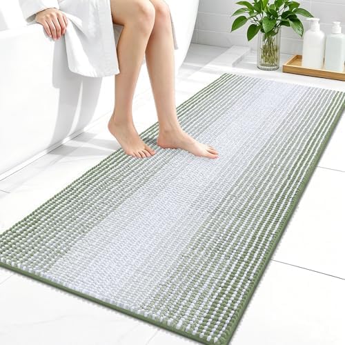 OLANLY Bathroom Runner Rugs 44x24, Chenille Striped Bath Rugs, Sage Green