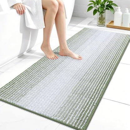 OLANLY Bathroom Runner Rugs 44x24, Chenille Striped Bath Rugs, Sage Green
