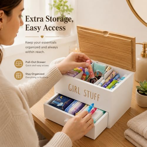 Tampon Holder for Bathroom, Girl Stuff Box for Bathroom with Lid and Drawer
