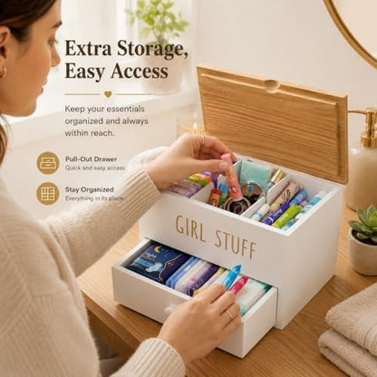Tampon Holder for Bathroom, Girl Stuff Box for Bathroom with Lid and Drawer