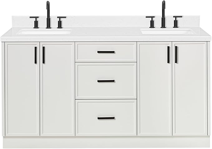 ARIEL Kelly 66-inch Bathroom Vanity with Sink,Solid Wood, 1.5-inch Carrara White Quartz Countertop & Backsplash, Double Rectangular Porcelain Sink, 4 Soft Closing Doors, 5 Dovetail Drawers, White