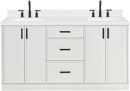 ARIEL Kelly 66-inch Bathroom Vanity with Sink,Solid Wood, 1.5-inch Carrara White Quartz Countertop & Backsplash, Double Rectangular Porcelain Sink, 4 Soft Closing Doors, 5 Dovetail Drawers, White