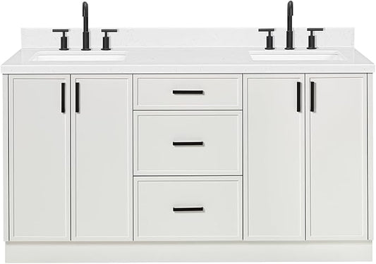 ARIEL Kelly 66-inch Bathroom Vanity with Sink,Solid Wood, 1.5-inch Carrara White Quartz Countertop & Backsplash, Double Rectangular Porcelain Sink, 4 Soft Closing Doors, 5 Dovetail Drawers, White