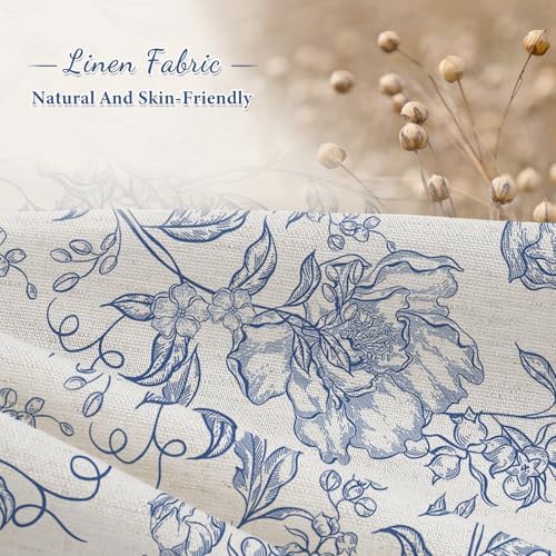 Blue Boho Linen Fabric Shower Curtain , Farmhouse Floral For Bathroom