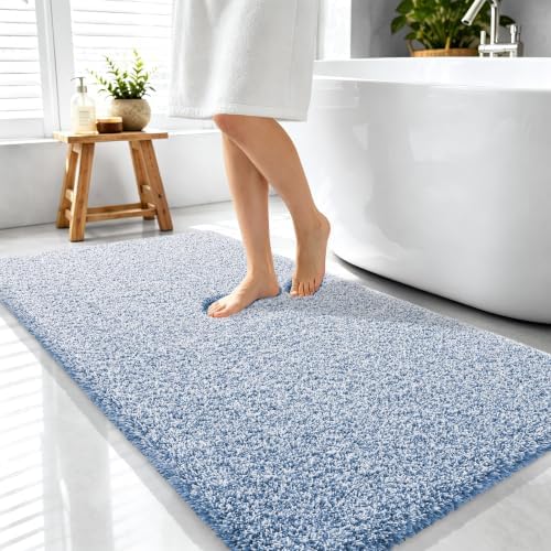 OLANLY Microfiber Soft Bathroom Rugs Mats 44x24, Cornflower Blue and White