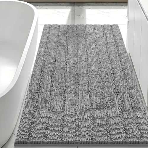 Bcoimo Bath Rug Mat,48x30 Chenille Non Slip Gray Long Bathroom Runner Rugs