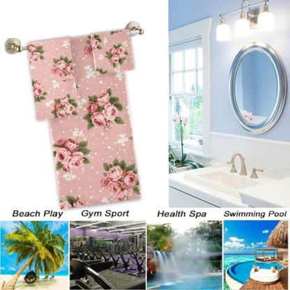 Naanle Beautiful Vintage Rose Floral Soft Luxury Decorative 3 Pieces Towels Set, 1 Bath Towel+1 Hand Towel+1 Washcloth, Multipurpose for Bathroom, Hotel, Gym, Spa and Kitchen