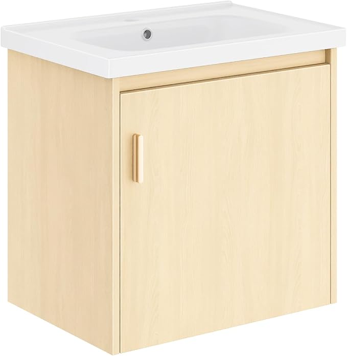 20 Inch Pre-Assembled Oak Floating Bathroom Vanity, Wall-Mounted Cabinet with Soft-Close Door & Single Hole Ceramic Sink, Modern Space-Saving Design, No Faucet,BV04-20-OAK-JH