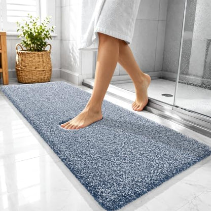 OLANLY Microfiber Bathroom Rugs 47x20, Quick Dry Bath Mat, Navy and White