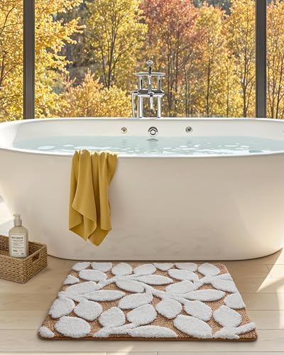 DEXI Bathroom Rugs Non Slip Washable 24x16, Boho White Leaf Bath Mat, Brown