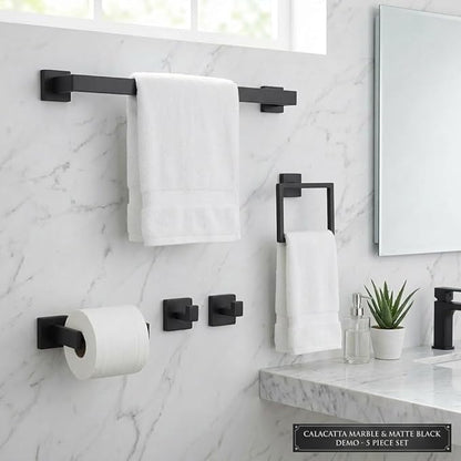 Matte Black Bathroom Hardware Set, 5-Piece Premium SUS304 Stainless Steel Bath Accessories, 23.6 Inch Black Towel Bar Rack, Heavy Duty Square Fixtures for Modern Home