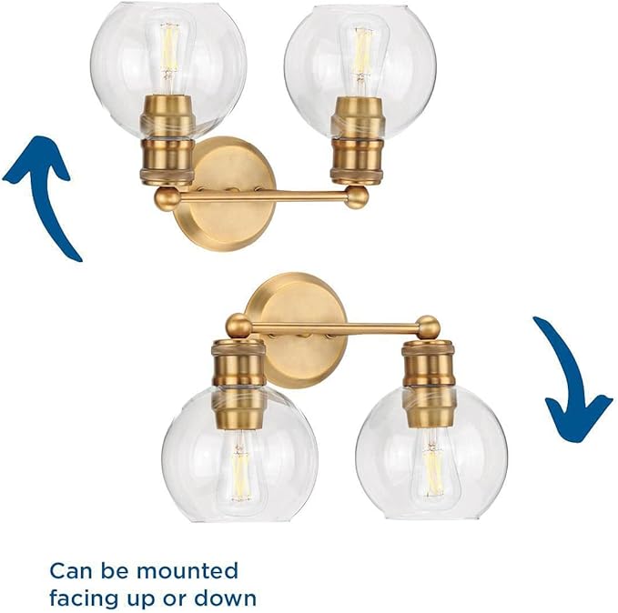 Hansford Collection 2-Light Clear Glass Farmhouse Bath Vanity Light Vintage Brass