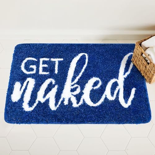 Get Naked Bath Mat Blue - Funny Bathroom Rugs Non Slip Cute Carpet for Bathroom Floor Decor Water Absorbent Bath Rugs for Sink Bathtub and Shower Navy and White Bathmat 24" x 36"